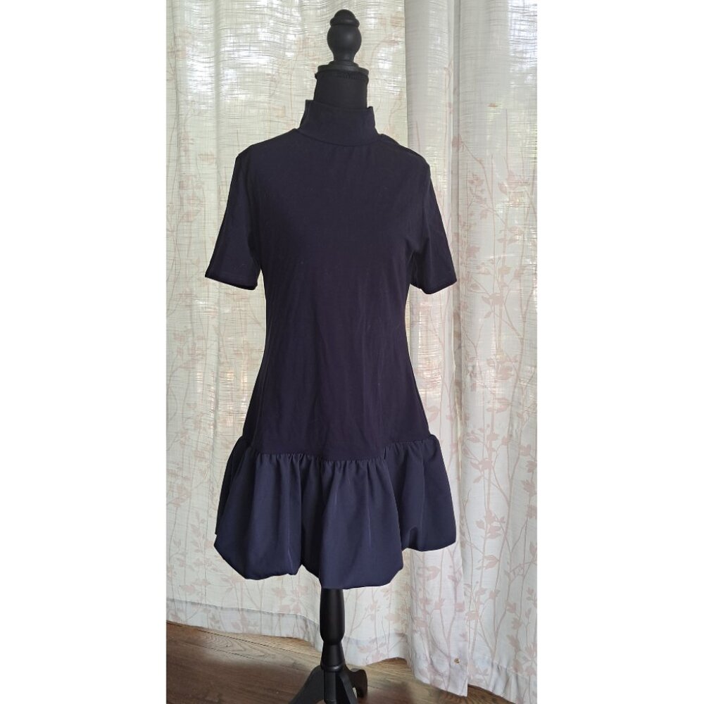 Turtleneck Drop Waist Navy Dress with Bubble Skirt